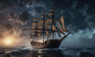 Fototapeta premium Tall ship navigating through dense fog under a starry night sky with dark clouds looming in the background, nighttime fog, cloud filled sky