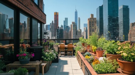 Fototapeta premium Urban Rooftop Garden with City View