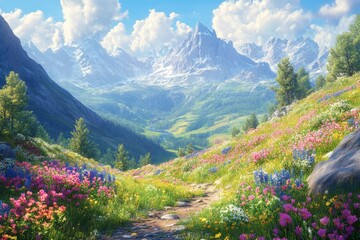 Mountain meadow wildflowers spring valley