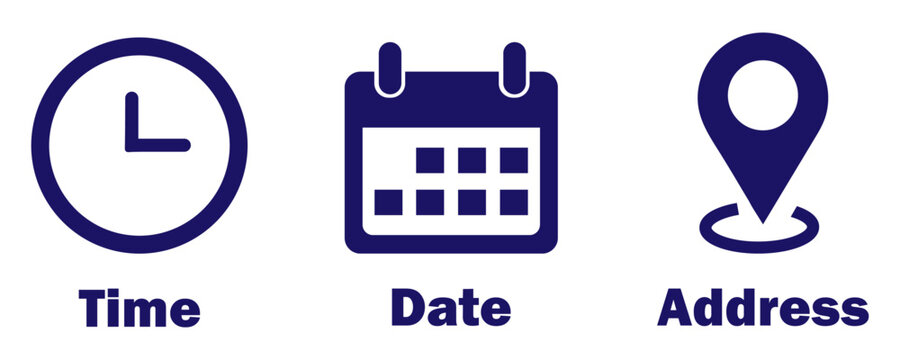 Time date address icon set collection vector illustration. Event icons vector. Location, Calendar & clock icon. Clock, pin map location, and calendar signs set. Business schedule icons clock calendar.