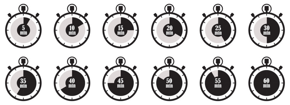 Set of timer and stopwatch. Kitchen timer icon with different minutes sets. Countdown icon collection. Clock icon set. Countdown Clock Vector. watch deadline time timer clock kitchen cook sandglass