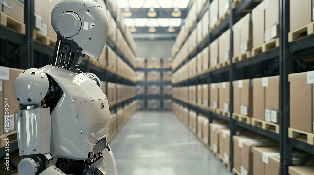Poster futuristic robot stands in a modern warehouse, showcasing automated storage and logistics.