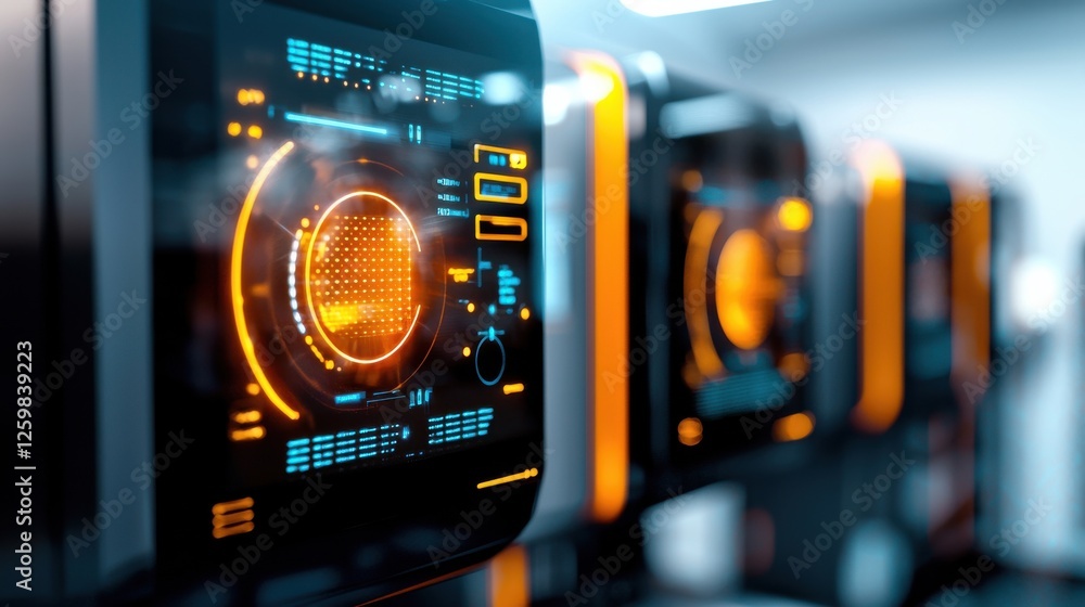 Poster futuristic digital interface with holographic display and advanced technology controls