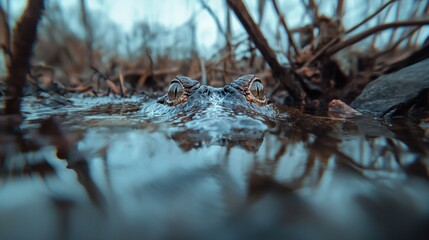 Close-up of a crocodile's head in the water. the crocodile is looking directly at the camera with its eyes wide open, as if it is about to take a bite out of something.