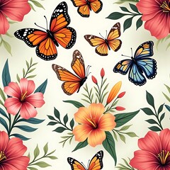 Vibrant Butterfly Hibiscus Flower Pattern Seamless Design