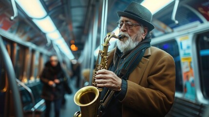 Fototapeta premium full body shot of boy two man playing saxophone inside a train, urban