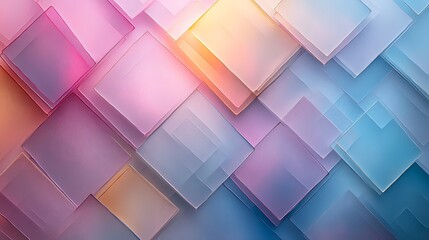 A minimalist abstract pattern of overlapping translucent squares in pastel pinks, blues, and yellows, with a soft, glowing background for a soothing and elegant design. --ar 16:9