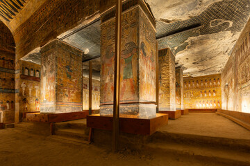 Interior view of the painted ceiling in the ancient tomb of Seti , Tomb KV17, in the Valley of the...