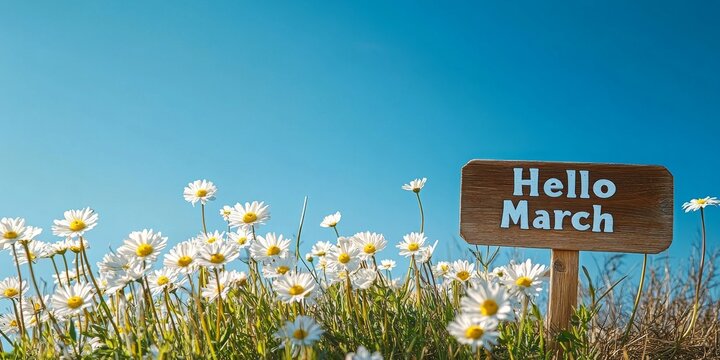 Hello march sign in field of blooming daisies with blue sky - Powered by Adobe