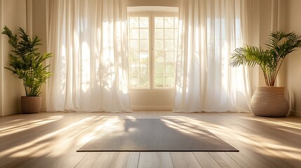 Fototapeta premium A minimalist yoga studio with a single yoga mat on a polished wooden floor, surrounded by white walls, a potted fern, and sunlight streaming through sheer curtains, radiating calm and focus.