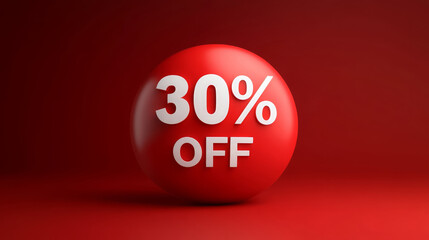 Red promotional sphere displaying 30% off discount, ideal for marketing campaigns and sales events, creating eye catching visual appeal