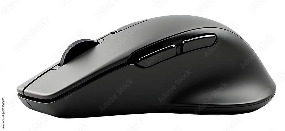 Poster ergonomic black computer mouse; sleek design, smooth curves, extra buttons for enhanced productivity