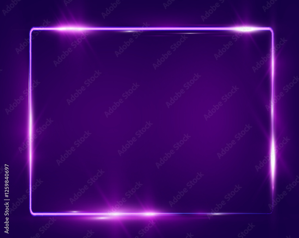 Poster purple neon glowing rectangular frame with rounded corners, sparkles, and lens flares, placed on a t