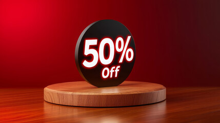 50% off sign on wooden base with red background, creating bold promotional display. This eye catching design is perfect for attracting attention to sales and discounts
