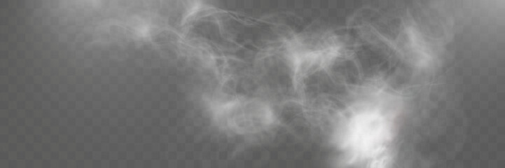 Realistic white smoke or mist effect with soft, swirling patterns on a transparent background. Perfect for overlays and atmospheric designs.	