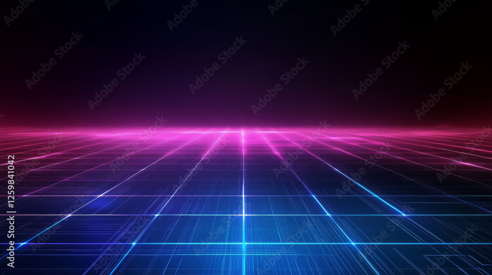 Poster digital landscape featuring multicolored horizon with vibrant pink and blue lines creating grid effe