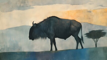 Fototapeta premium Lone silhouetted wildebeest or gnu grazing on vast open savanna at dramatic dusk in remote wilderness of Africa Powerful majestic animal standing tall and free in the wild