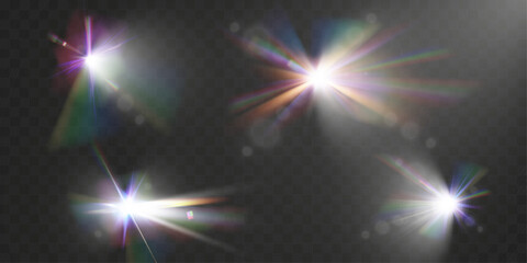 Bright lens flare with rainbow light effects on transparent background.
