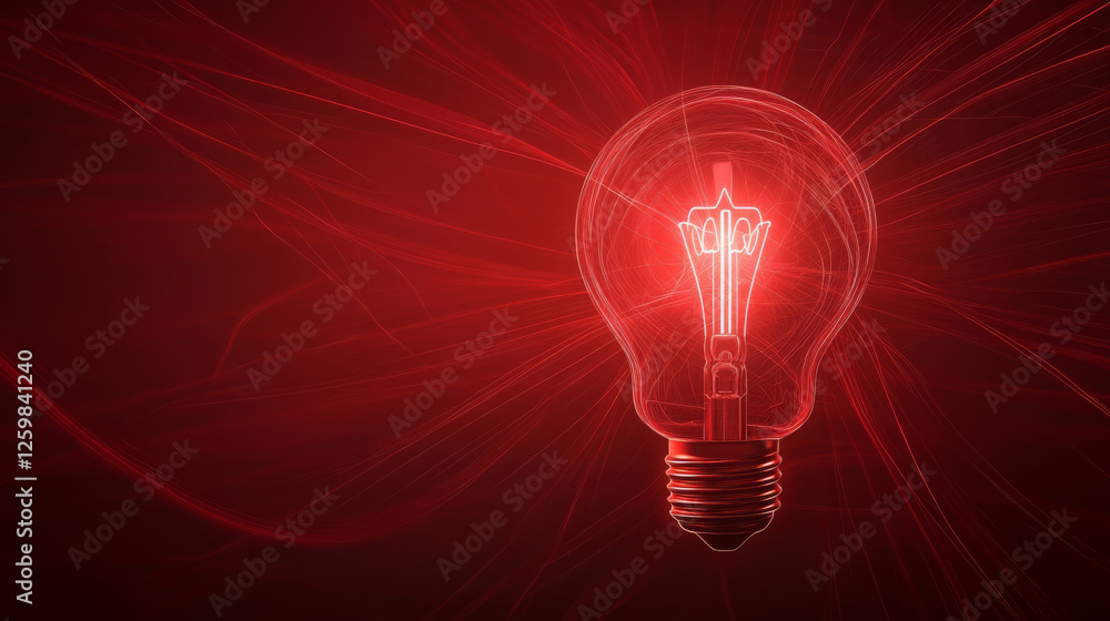 Poster glowing red light bulb with intricate filament design, surrounded by smooth, flowing lines, creates 