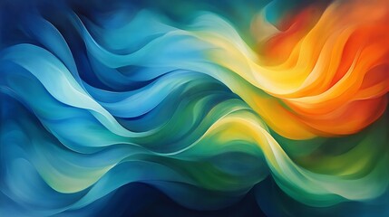 Fototapeta premium A vibrant abstract composition featuring swirling hues of electric blue, neon green, and fiery orange, with flowing organic shapes and soft gradients, creating a dynamic and energetic visual.