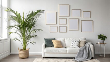 Fototapeta premium Stylish Low Light Photography of Blank Picture Frames Mockups on a White Wall in a Modern White Living Room with Sofa, Cushions, and Potted Palm Plant