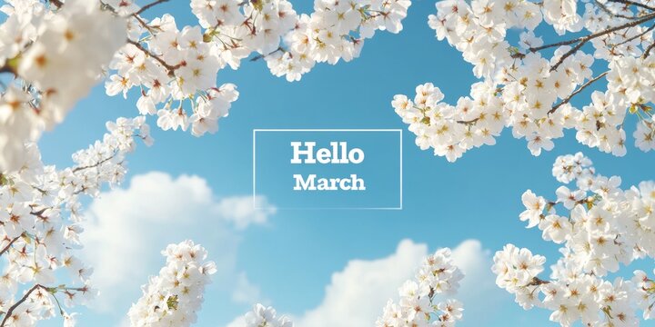 Hello march, white spring flowers blooming under blue sky
