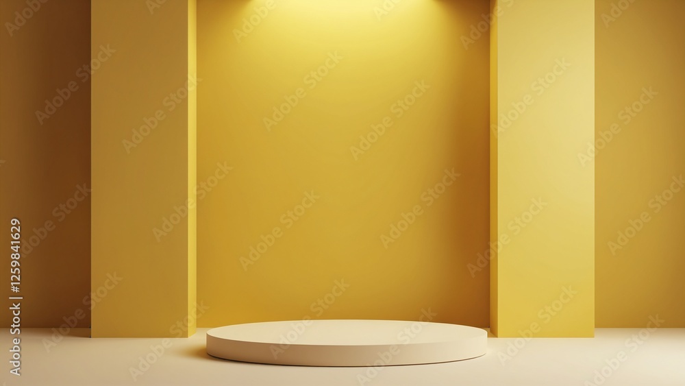 Poster abstract pedestal of platform display with modern stand podium on yellow room background. blank exhi