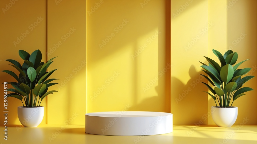 Poster abstract pedestal of platform display with modern stand podium on yellow room background. blank exhi