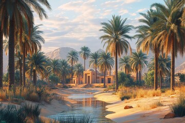 Obraz premium Oasis desert village sunrise calm