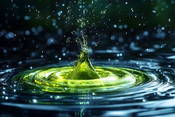 Water droplet creates a splash in a tranquil pond at dusk, showcasing ripples and reflections in vibrant colors