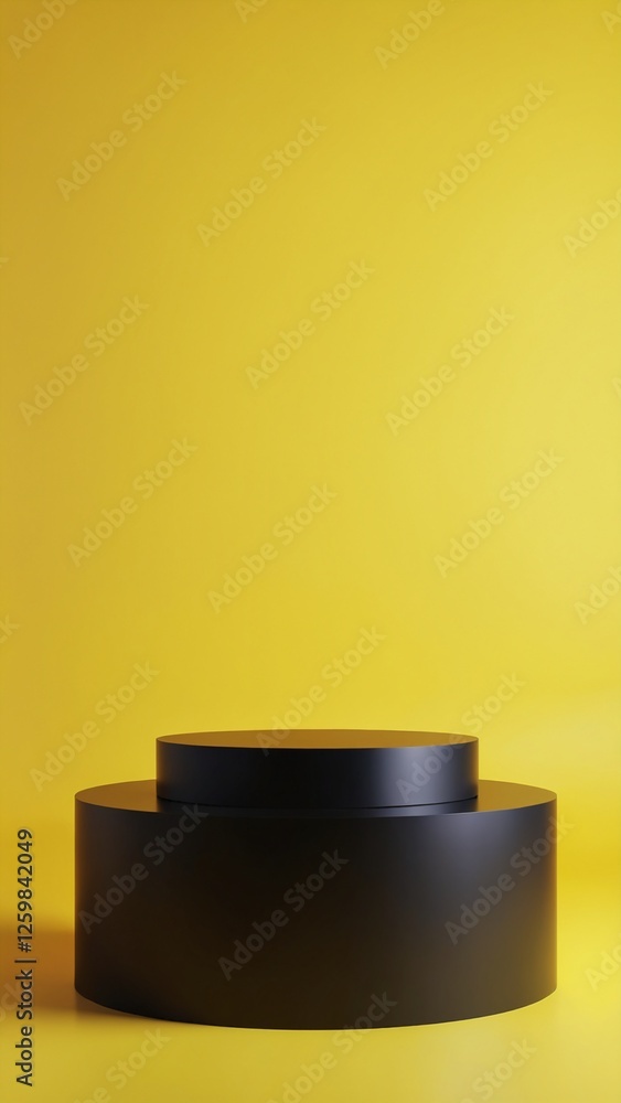 Poster Abstract Pedestal of platform display with modern stand podium on yellow room background. Blank Exhibition stage backdrop or empty product shelf. 3D rendering