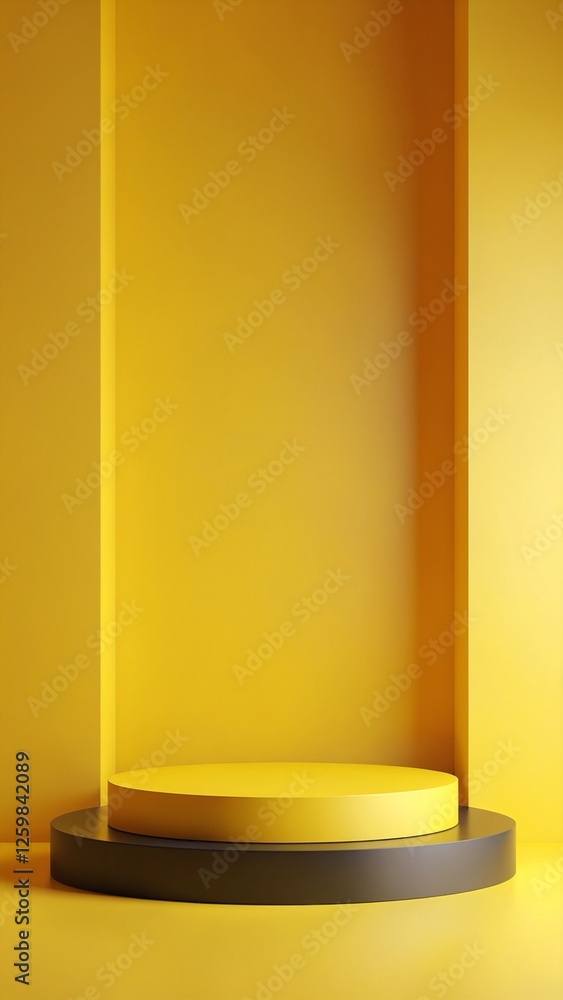 Poster abstract pedestal of platform display with modern stand podium on yellow room background. blank exhi