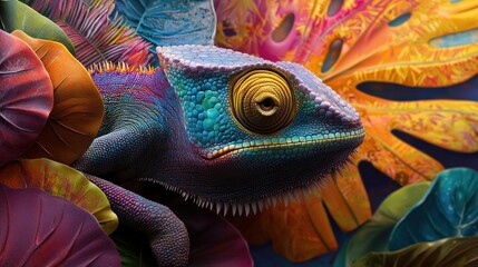 A colorful lizard is sitting on a leafy plant