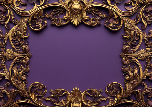 A luxurious 3D purple background adorned with an elegant golden ornamental frame, evoking a sense of sophistication and grandeur in a beautifully crafted digital art composition.