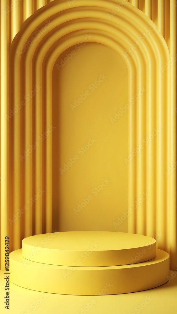Aufkleber Abstract Pedestal of platform display with modern stand podium on yellow room background. Blank Exhibition stage backdrop or empty product shelf. 3D rendering