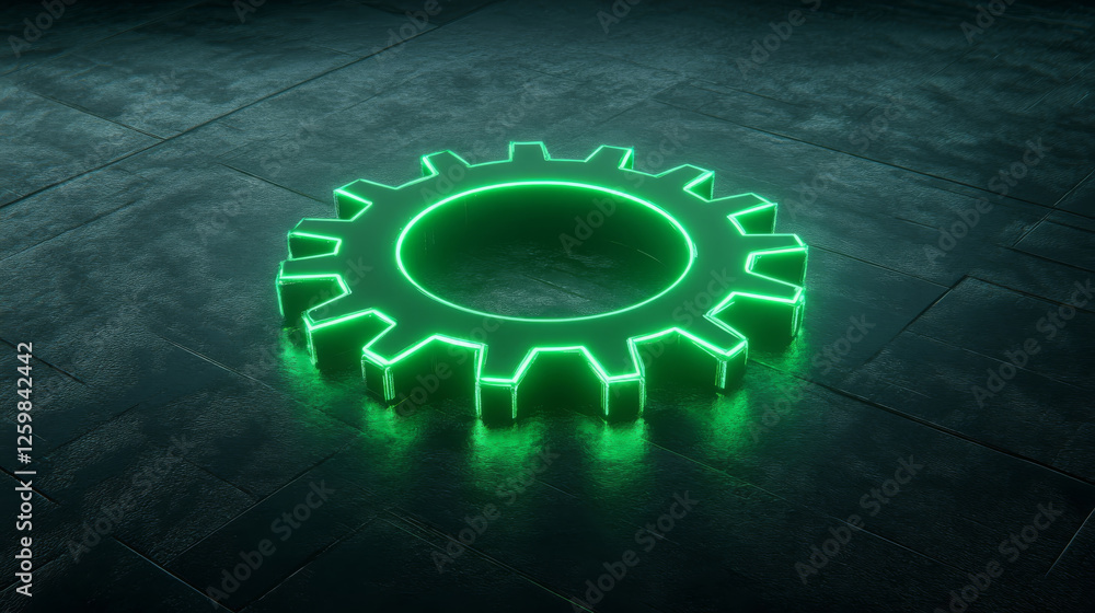 Aufkleber high tech 3d render of neon green cog on dark surface, symbolizing innovation and technology. glowin
