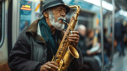 Naklejka premium full body shot of boy two man playing saxophone inside a train, urban