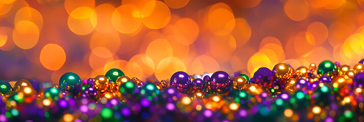 A festive background with shimmering Mardi Gras beads in purple, green, gold, and orange, set against an abstract bokeh backdrop, evoking joy and excitement for the vibrant celebration.