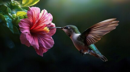 Fototapeta premium A hummingbird is drinking nectar from a pink flower