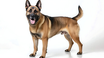 Obraz premium A brown and black dog is standing on a white background. generated using AI