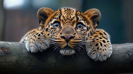 Obraz premium A baby leopard is looking at the camera