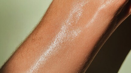 Close-up of a person's arm. the skin appears to be smooth and shiny, with a light brown color. the texture of the skin is uneven and uneven, with some areas appearing darker and others lighter.