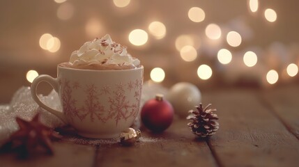 Fototapeta premium Cozy Cup of Hot Chocolate with Whipped Cream and Holiday Decor