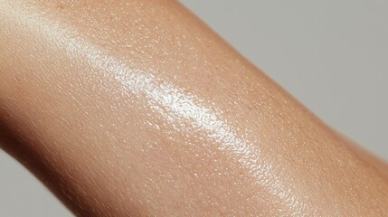 Close-up of a person's arm. the skin appears to be smooth and shiny, with a light beige color. the texture of the skin is uneven and uneven, with some areas appearing darker and others lighter.