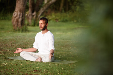 Yoga, health and meditation with man in nature for lotus pose, peace and exercise balance. Wellness, workout and fitness with person on lawn of spiritual retreat for mindfulness, calm and zen