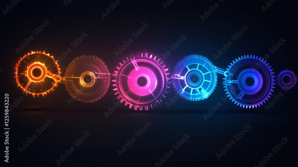 Poster vibrant illustration of colorful gears in motion, showcasing intricate designs and dynamic movement.