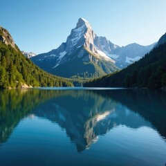 Triangled mountain reflected in a calm and peaceful lake, reflective, mountain