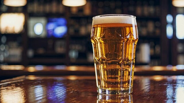 Close-up shot of a pint of beer on a wooden bar counter, with a blurred pub background, capturing a cozy atmosphere, suitable for a video scene.