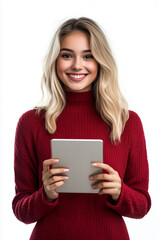 Naklejka premium business woman holding tablet, marketing photography, happy to sell you a product, standing, smiling