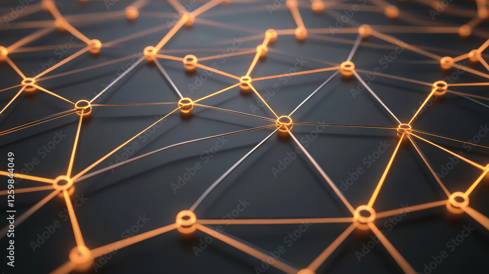 Poster network of interconnected lines and nodes on dark background, illuminated with orange highlights, cr